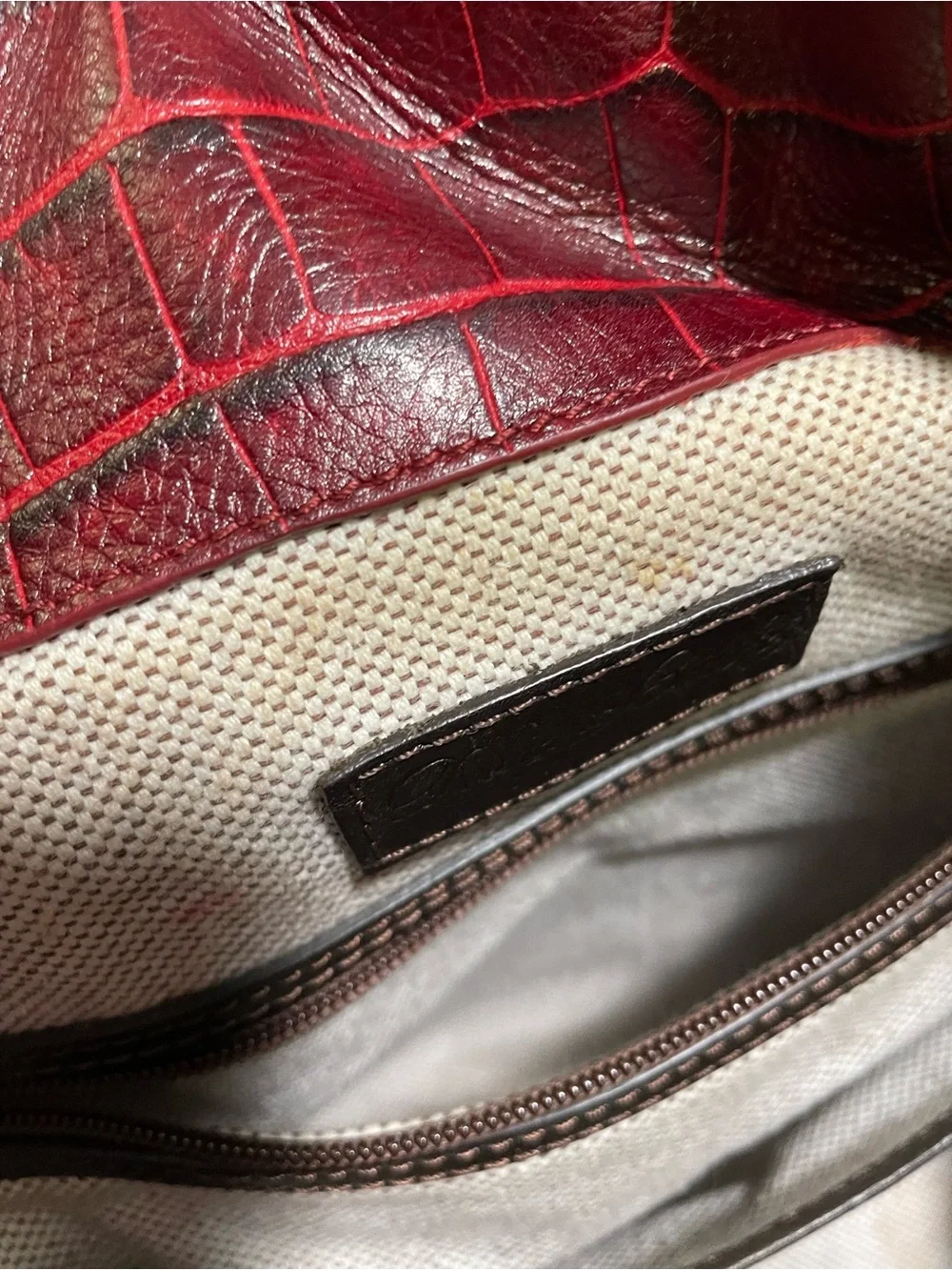 Dooney & Bourke Red Belvedere Crocodile Embossed Leather Logo Lock Hobo Bag